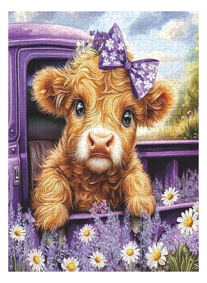 PPuzzling Highland Cow Puzzle for Adults 1000 Pieces, Cute Farm Cow Animal Puzzle Featuring Lavender Flower, Daisy Field & Purple Vintage Truck Scene Jigsaw Puzzle, Nature Floral Scenery Puzzle - Image 2